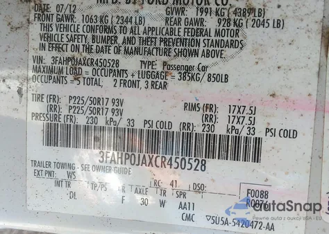 2012 Ford Fusion Sel from USA, damaged, VIN 3FAHP0JAXCR450528